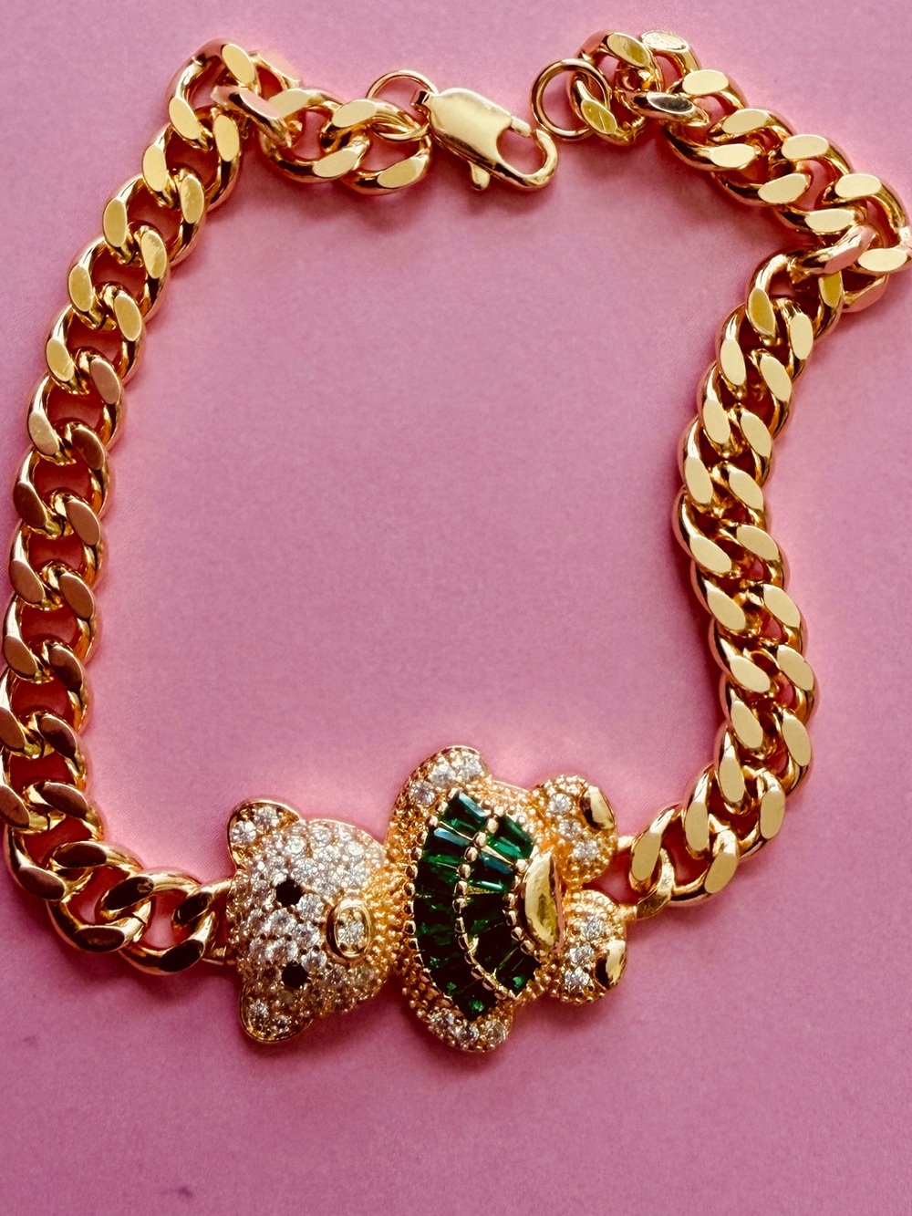 Source Unknown Gold Bracelet with Green & Clear Crystal Teddy Charm